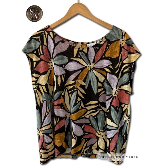 Nicole Miller New York Tops - Nicole Miller Top Women XL Boho Floral Linen Button Back Cap Sleeve Multi XL